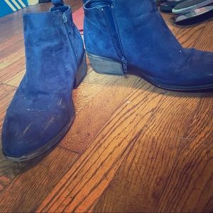 Blue faux-suede booties.
